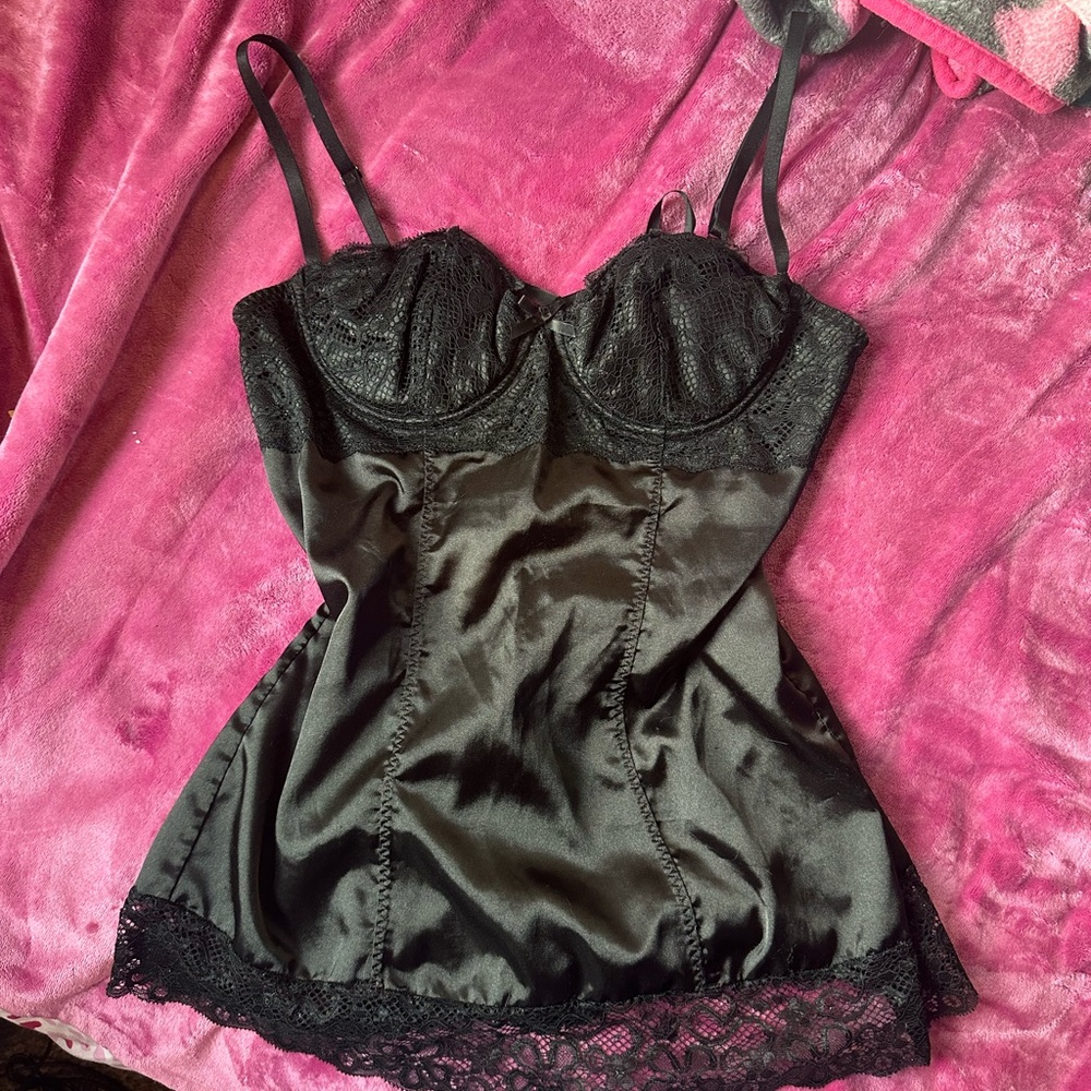 Frederick's of Hollywood Black Satin Lace Chemise